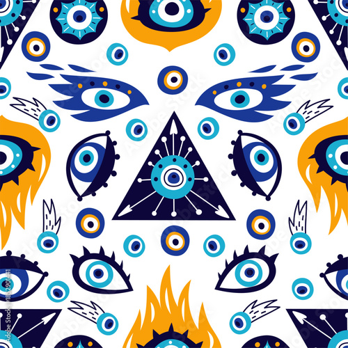 Abstract multicolored seamless pattern. Turkish symbols. Magic eyes. Repeated print. Hamsa talismans. Blue Fatima eyeballs with lashes. Ethnic prosperity amulets. Vector background
