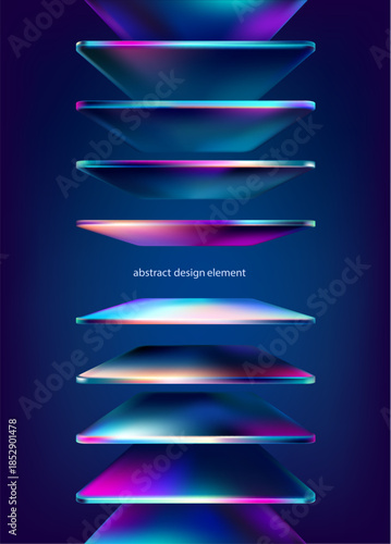 3D glass squares  and rectangles. Transparent iridescent geometric shapes in perspective on dark background. Abstract vector design elements.