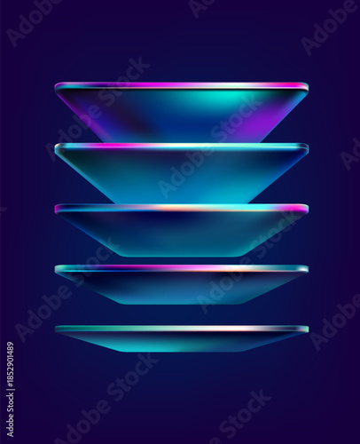 3D glass squares  and rectangles. Transparent iridescent geometric shapes in perspective on dark background. Abstract vector design elements.