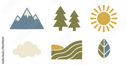 Stylized nature elements mountains trees sun cloud and leaf illustration