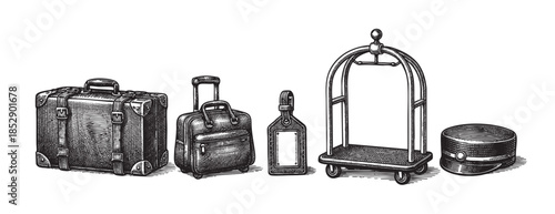 A detailed black and white line drawing showcases vintage luggage, a hotel bellhop cart, and a hat, evoking a sense of classic travel and hospitality.