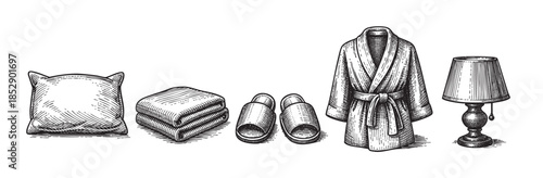A charming hand-drawn illustration depicts hotel room essentials, including a pillow, folded towels, slippers, a bathrobe, and a table lamp, rendered in a classic black and white sketchy style.