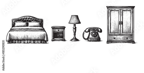 A black and white woodcut style illustration of vintage bedroom furniture including a bed, nightstand, lamp, telephone, and wardrobe on a white background.