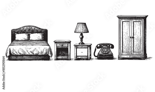A collection of vintage bedroom furniture, including a tufted bed, nightstands, a lamp, and an armoire, rendered in a black ink sketch style on a white background.