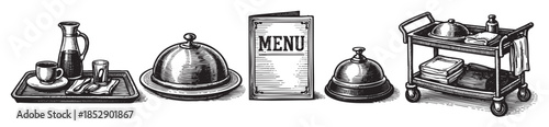 A stylized black and white illustration depicts a vintage scene of restaurant service elements, including a drinks tray, cloches, a menu, and a service cart, perfect for retro or hospitality themes.