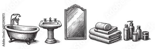 This vintage illustration features a collection of classic bathroom items in a detailed line art style, including a clawfoot bathtub, pedestal sink, ornate mirror, folded towels, and bottles.