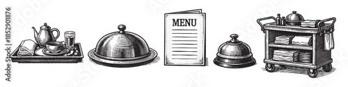 A retro line art illustration depicts hotel service items including a tea set, cloche, menu, and luggage cart, perfect for hospitality or vintage themes.