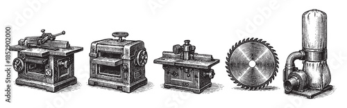 Vintage black and white illustration of various antique woodworking machines and a circular saw blade, presented in a classic engraving style, ideal for historical or industrial themes.