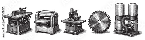A detailed black and white woodcut illustration of five vintage woodworking machines arranged horizontally, including a jointer, planer, drill press, saw blade, and dust collector.