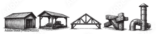 A black and white woodcut illustration showcases a collection of industrial and building elements including a small shed, a structure with machinery, a roof truss, wooden supports, and a pipe stack.