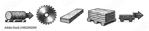 This illustrative diagram depicts the stages of wood processing, from raw log to finished lumber and transportation.