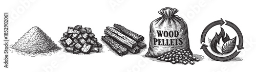 This vintage illustration shows the progression of wood biomass into pellets, fuel, and a renewable energy cycle concept with fire and leaves.