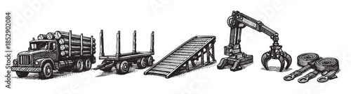 This black and white illustration depicts a log truck, trailer, loading ramp, and a crane with a grapple, showcasing machinery used in the timber industry.