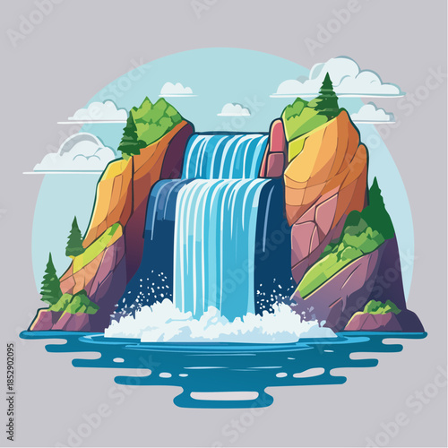 Cartoon illustration of a picturesque waterfall cascading down rocky cliffs into a serene pool.
