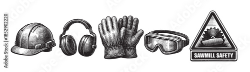 A vintage woodcut style illustration features essential industrial safety equipment including a hard hat, earmuffs, gloves, and safety glasses, alongside a "Sawmill Safety" sign.