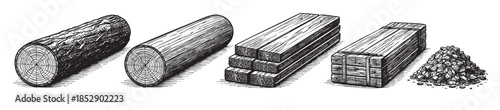 A detailed vintage black and white illustration depicts the progression of wood from a raw log through processed lumber to wood chips.