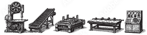 A black and white woodcut style illustration depicts a line of antique industrial machines, including a band saw, conveyor belt, press, and control panel, against a white background.