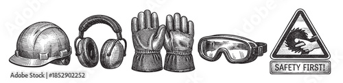 A vintage-style woodcut illustration displays a safety helmet, earmuffs, gloves, goggles, and a warning sign with the text Safety First.