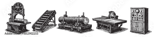 A black and white illustration featuring a collection of vintage industrial machines, including a band saw, conveyor belt, boiler, and control panel, on a white background.