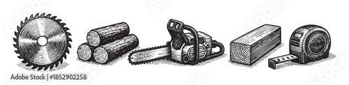 A black and white woodcut style illustration of woodworking tools including a saw blade, logs, chainsaw, lumber, and tape measure on a white background.