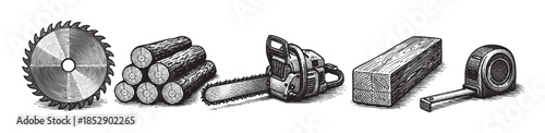 A vintage woodcut illustration showcases essential woodworking tools including a saw blade, logs, chainsaw, lumber, and measuring tape, perfect for DIY or construction themes.