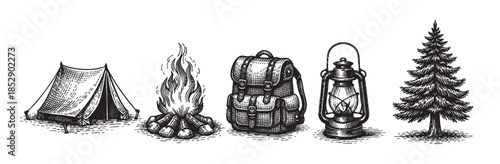 This vintage-style black and white illustration features a collection of camping gear, including a tent, campfire, backpack, lantern, and pine tree, perfect for adventure and outdoor themes.