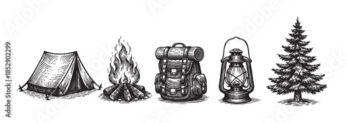 This vintage-style black and white illustration features a collection of camping gear, including a tent, campfire, backpack, lantern, and pine tree, perfect for adventure and outdoor themes.