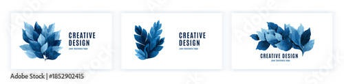Blue leaves logo. Leaf branch business card design template, abstract watercolor foliage beauty salon health care cosmetic product brand clean white minimalist vector illustration