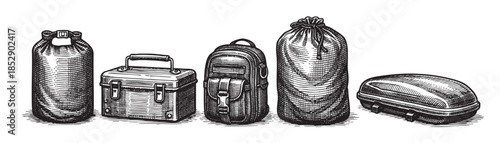 A black and white woodcut illustration features a row of vintage travel items including a milk can, a cooler, a backpack, a duffel bag, and a car top carrier.