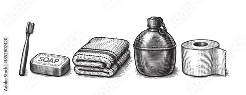 A vintage-style illustration in black and white depicts essential hygiene items including a toothbrush, bar of soap, folded towels, a canteen, and a roll of toilet paper arranged in a row.