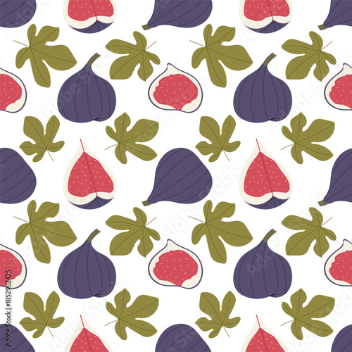 Seamless pattern with a whole and half fig, green leaves on white background in flat style. For branding, wrapping paper and textile design.