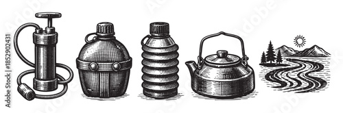 A vintage black and white illustration displays camping and hiking essentials like a pump, canteen, collapsible bottle, and teapot, set against a backdrop of mountains, trees, and a winding river.