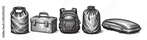 A black and white woodcut illustration features a row of vintage travel items including a milk can, a cooler, a backpack, a duffel bag, and a car top carrier.