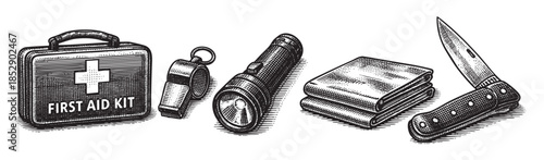 Black and white illustration of essential survival gear, including a first aid kit, flashlight, whistle, folded cloth, and a pocket knife, ideal for emergency preparedness themes.