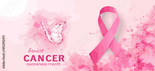 Breast cancer banner. Awareness world day month, pink ribbon with butterfly watercolor poster female breast cancer health risk paint splash abstract background vector illustration
