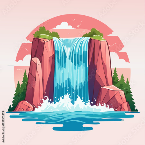 Cartoon illustration of a waterfall cascading between red rock cliffs into a pool of water.