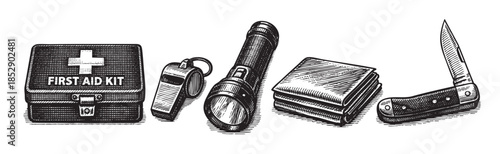 A set of survival essentials, including a first aid kit, whistle, flashlight, stacked items, and a folding knife, rendered in a vintage illustration style.