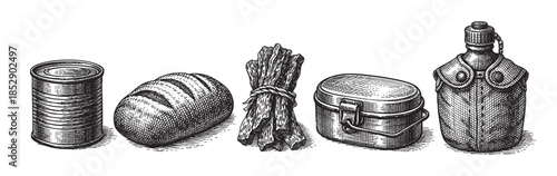 A vintage black and white engraving illustrates a collection of camping food essentials, including an open tin can, bread, asparagus, a lunchbox, and a canteen, on a white background.