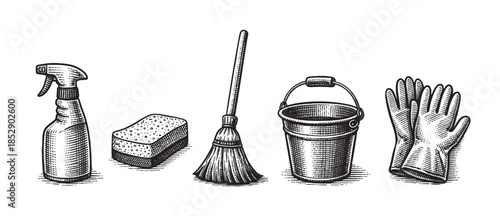 A vintage-style line drawing shows a collection of essential cleaning tools including a spray bottle, sponge, broom, bucket, and gloves, isolated on a white background.