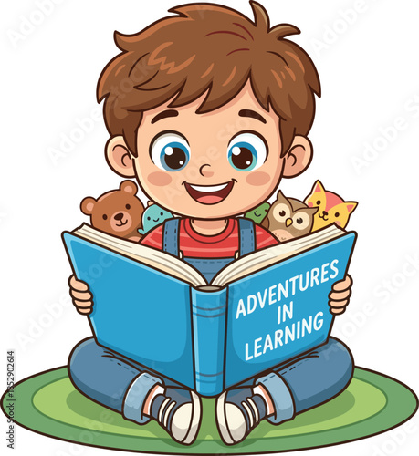 Cartoon child reading book, cross-legged pose, green mat, stuffed animals, cheerful learning, red shirt, blue overalls, sneakers, owl, bear, frog, cat