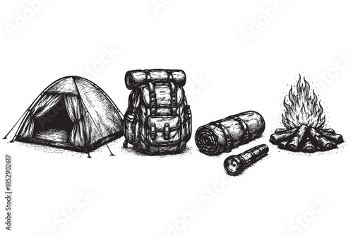 A black and white hand-drawn illustration depicts essential camping gear including a tent, backpack, sleeping bag, flashlight, and campfire, perfect for adventure and outdoor themes.