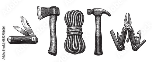 A vintage illustration in black and white depicts a collection of essential tools including a folding knife, axe, coiled rope, hammer, and multi-tool pliers against a white background.