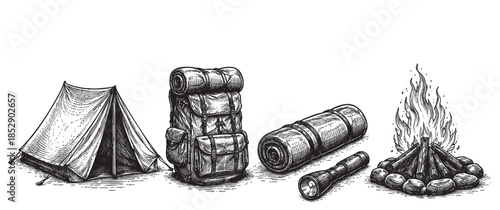 A detailed sketch of camping essentials including a tent, backpack, sleeping bag, flashlight, and a crackling bonfire, perfect for adventure and outdoor themes.