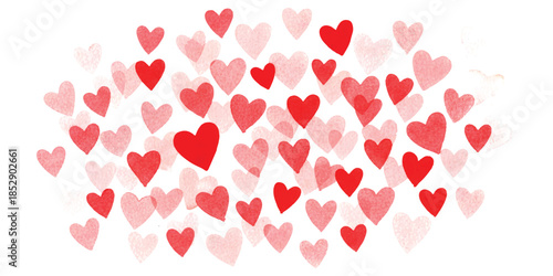 A vibrant pattern of red and light pink hearts scattered across a white background