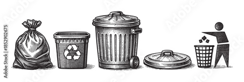 A series of black and white illustrations depict various waste receptacles including a tied bag, a recycling bin, a large wheeled bin, a bin lid, and a stylized figure discarding items.
