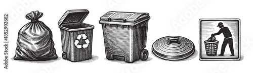 A black and white woodcut illustration displays a trash bag, an open recycling bin with a symbol, a closed wheeled bin, a lidded container, and a sign with a person throwing trash.