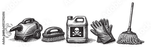 Vintage illustration depicting cleaning supplies including a steaming cleaning machine, brush, hazardous chemical container with skull symbol, gloves, and mop against a white background.