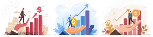 Investment coaching. Mentor hand accompanies student to profit growth, invest mentoring concept financial business support businessman walking arrow up graph vector illustration