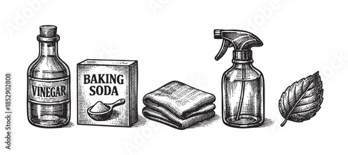 Vintage-style illustration of natural cleaning supplies including vinegar, baking soda, cloths, and a spray bottle, suggesting eco-friendly housekeeping.