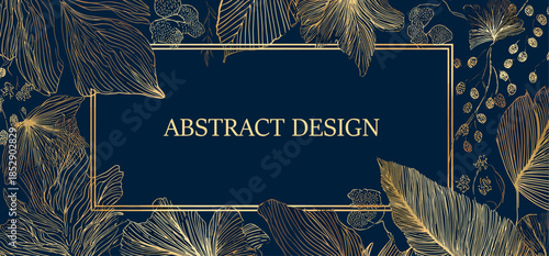 Leaves gold lines banner. Floral art deco frame blue background, abstract leaf flower botanical pattern golden lines frames wedding ornament minimal design vector illustration